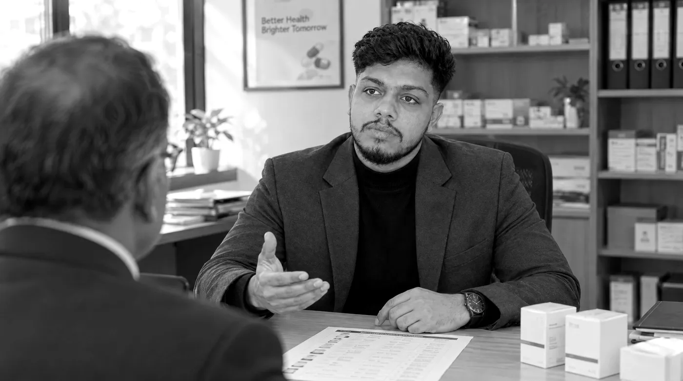 Harish Sharma explaining an ad plan to a pharma company owner across his desk