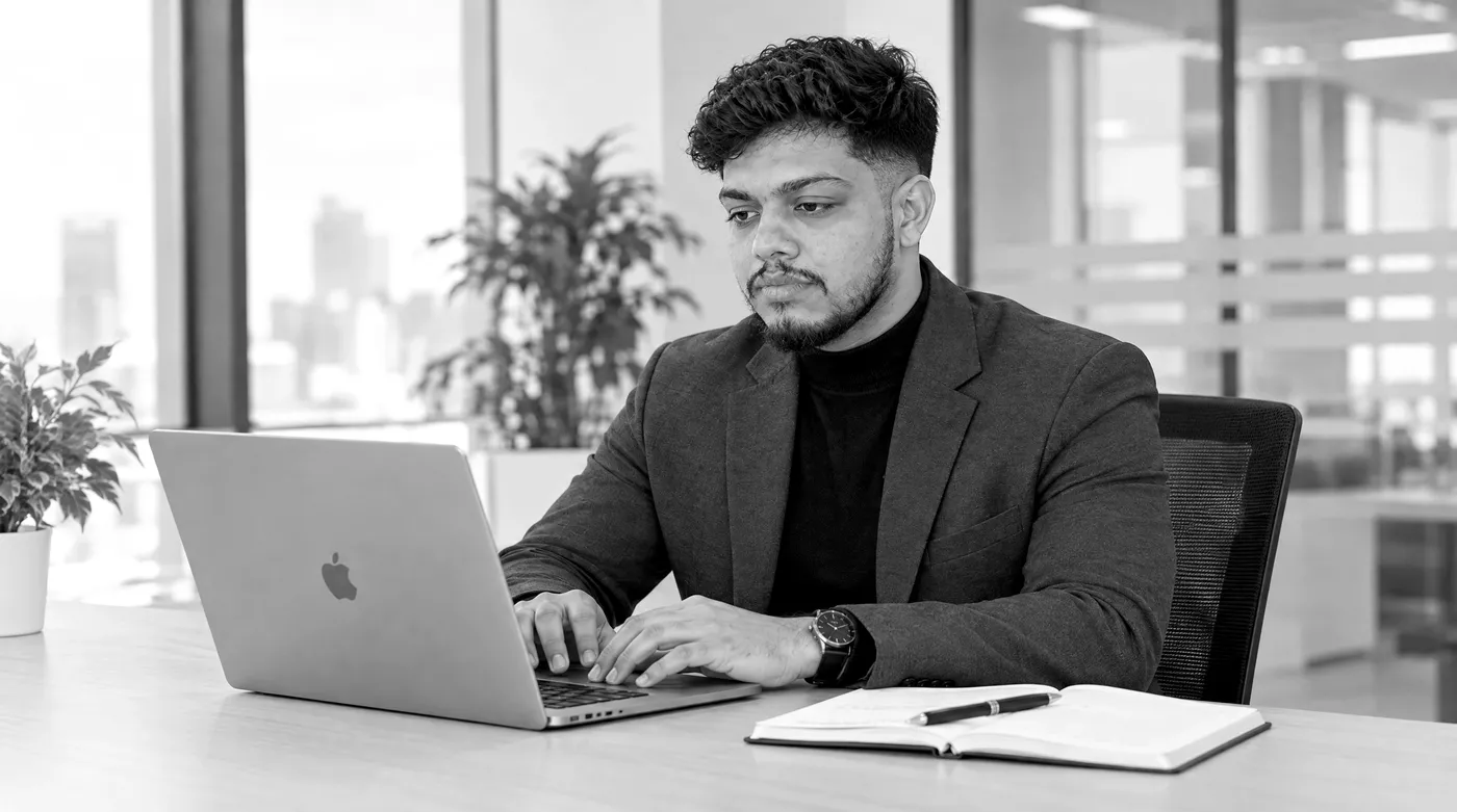 Harish Sharma working on a laptop at a meeting table